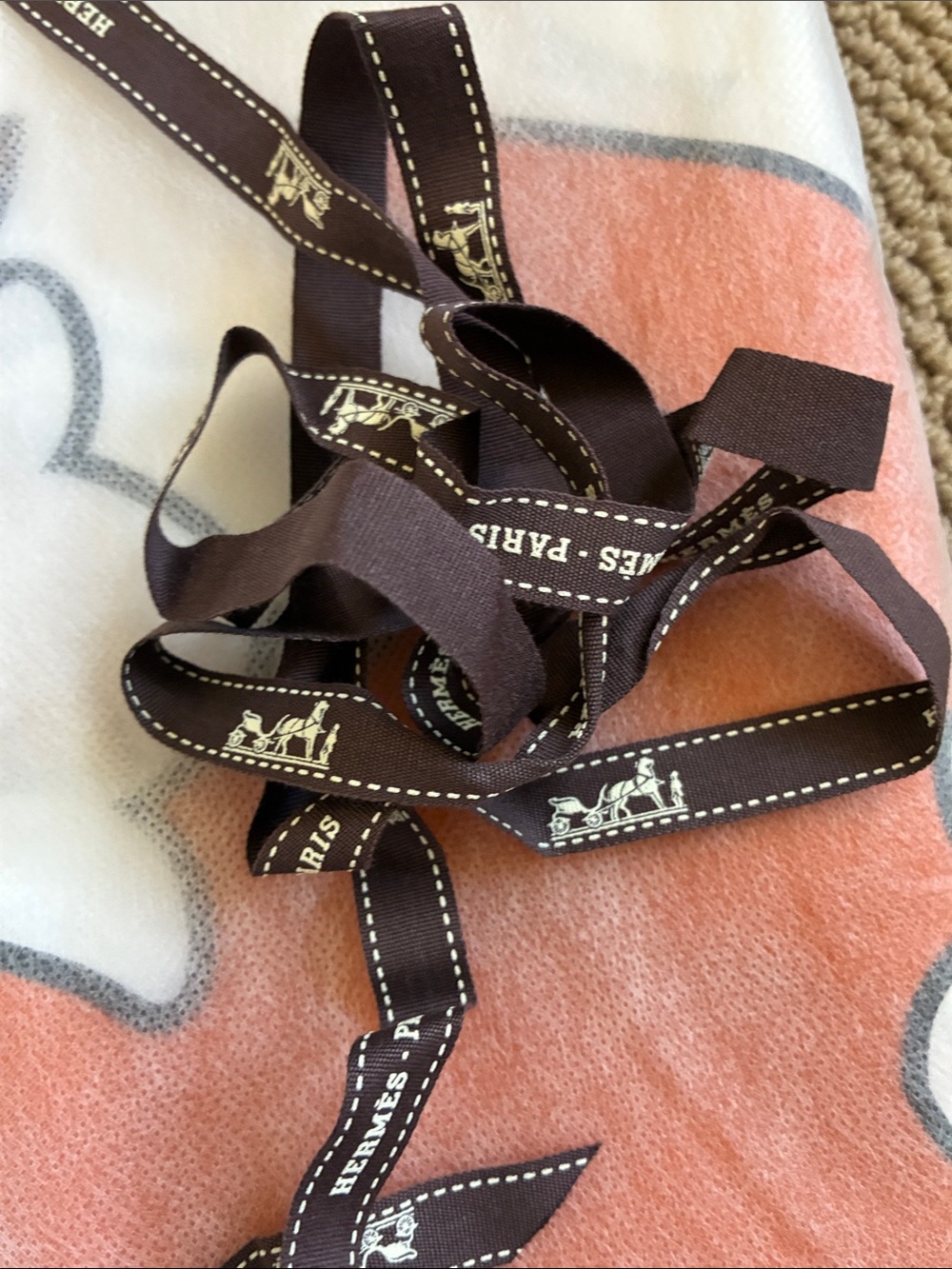 Hermès Brown and White Branded Ribbon